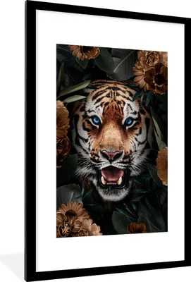 Produktbild von MuchoWow® MuchoWow® Gerahmtes Poster Tiger - Blumen - Braun 60x90 cm - Poster mit zchwarzem Bilderrahmen - Dekoration - Wandposter Wohnzimmer - Hochwertig