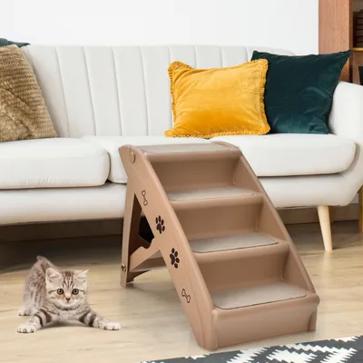 Obrázek produktu pro COSTWAY 4 stupňové schody pro domácí mazlíčky s kobercem, schody pro psy, plastové schody pro kočky, skládací, přenosné schody pro psy a kočky, rampa pro domácí mazlíčky na lezení a škrábání (hnědá)
