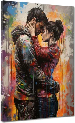 Produktbild von Liebespaar Colour Splatter Pop Art Leinwandbild Wandbild Kunstdruck XL Wanddeko: 75x100x4cm
