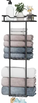 Zdjęcie produktu dla Wieszak na ręczniki bez wiercenia, 3-poziomowy, z koszem i haczykami, kolor czarny, wymiary: 32,0 x 76,0 cm (12,6 x 29,9 cala)