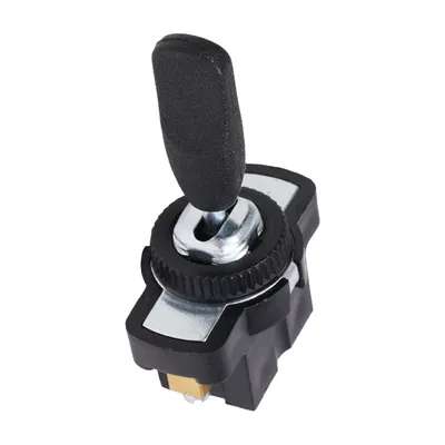 A close-up studio shot of a black and silver toggle switch.