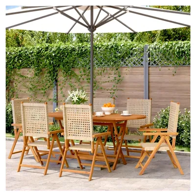 Produktbild von Gartenstühle 6er Set Beige aus Poly Rattan und Massivholz für den Außenbereich