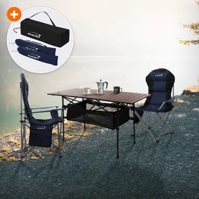 Obrázok produktu pre Hauki kempingový set nábytku 3 ks, skladací stôl hnedý s 2 kempingovými stoličkami modrý vrátane tašky na prenášanie