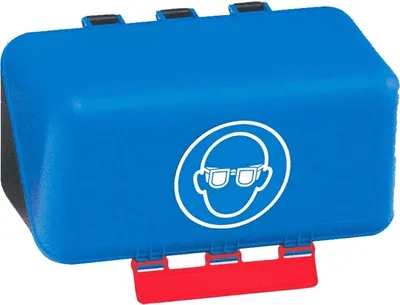 A blue safety box with a white symbol indicating eye protection is required.