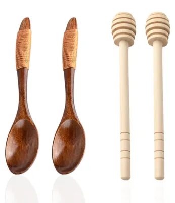 4 Honiglöffel aus Holz, 14 & 15 cm, Honigspiralen