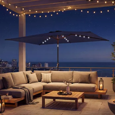 Produktbild von Sonnenschirm LED Solar 300x200 cm knickbar, Balkonschirm Gartenschirm Metall Polyester, Marineblau | 24 LED | 180 g/m² UPF 30+ | Schutzhülle