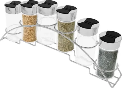 Obrázek produktu pro Cheffinger, sada 6 sklenic na koření 90 ml s držákem z nerezové oceli, černá / stříbrná