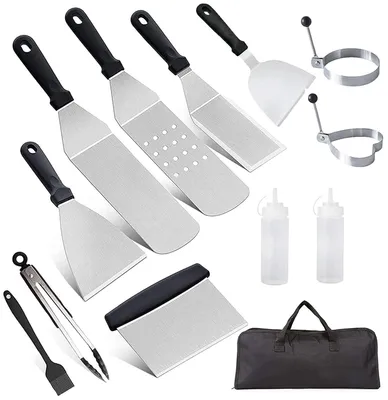 Imagen del producto de Juego de utensilios para parrilla de 11 piezas - Acero inoxidable - Set de accesorios - Barbacoa - Profesional - Mangos de alta calidad - Utensilios para parrilla