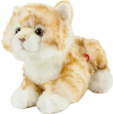 A plush toy cat sitting on a white background.
