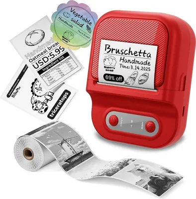 Imagen del producto de Impresora térmica Bluetooth mini, portátil y sin cables, para etiquetas y códigos de barras, compatible con iOS y Android, con resolución de 203 DPI y ancho de impresión de 12-58 mm. Color: rojo