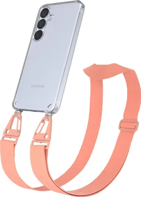 Produktbild von EAZY CASE - Hülle mit Band für Samsung Galaxy S25, Handyhülle mit Umhängeband, Silikonhülle transparent, Handykette in Orange