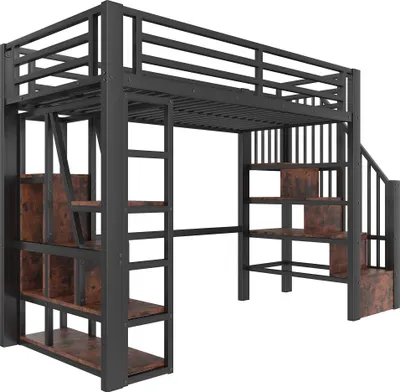 Obrázek produktu pro okwish vyvýšená postel 90x200, jednolůžko s kovovým rámem a integrovanými schody, rám postele pro mládež s LED osvětlením a policemi, černá (bez matrace)