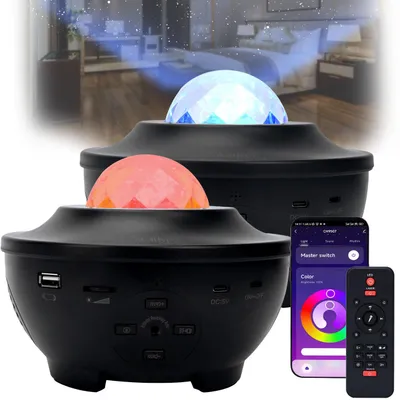 Produktbild von 2er-Set Laser-Sternenhimmel-Projektor - Bluetooth Lautsprecher & Sprachsteuerung via App - Bis 200qm Abdeckung - WiFi, RGBW-LED, Nachtlicht & Timer