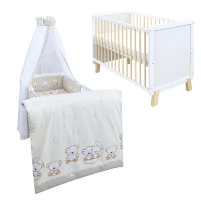 Produktbild von Babybett Kinderbett Gitterbett Lou 60x120 Weiß Natur Schutzgitter Matratze Bettwäsche Set 10tlg Teddy beige