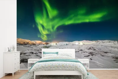 Produktbild von MuchoWow® Fototapete für Wohnzimmer oder Schlafzimmer Wandtapete Vinyl Motivtapete Nordlichter - Berg - Schnee - 600x400 cm - Vinyltapeten