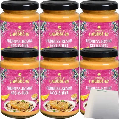 Produktbild von Djamela Caribbean Erdnuss-Rosine Kochsauce 6er Pack (6x200ml Glas) + usy Block
