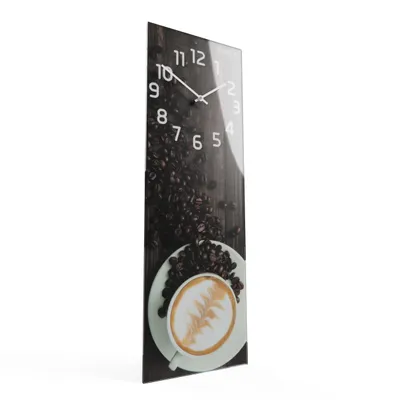 A vertical glass clock with a coffee cup and coffee beans design.