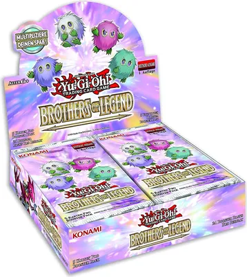A display box of Yu-Gi-Oh! Brothers of Legend trading card game booster packs.