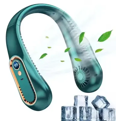 Produktbild von Tragbarer Nackenventilator, Flügelloser Ventilator, 5 Geschwindigkeiten, Digitalanzeige, 4‑Kanal Nackenventilator Grün