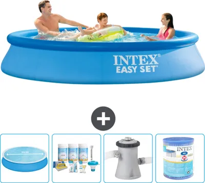 Produktbild von Intex runder aufblasbarer Easy Set-Pool – 305 x 61 cm – Blau – im Lieferumfang enthalten Sonnensegel - Wartungspaket - Filterpumpe für Schwimmbad - Filter