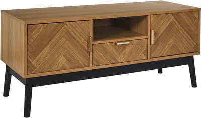 Obrázek produktu pro HowHomely | TV skříňka - TV stolek - 110 x 40 x 48 cm - hnědočerná - nízká skříňka - se zásuvkou a policemi - vzor rybí kost