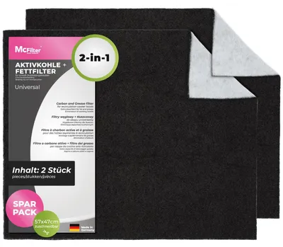 Produktbild von McFilter | 2 Stück Filter Dunstabzugshaube Aktivkohle + Fettfilter Universal 57 x 47 cm zuschneidbar - Aktiv-Kohlefilter für Abzugshaube Dunstabzug 60cm Dunstfilter Schwarz