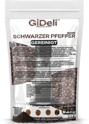 Immagine prodotto di Pepe nero 200g, grani interi, spezia, per cucinare, naturale, condimento. GiDeli