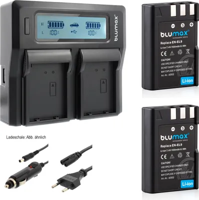 Produktbild von 2x Akku + Lader passend für Nikon EN-EL9 DSLR D60, D40, D40x D5000 D3000 1100 mA