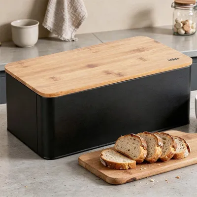 Immagine prodotto di Contenitore per il pane in metallo nero con coperchio in bambù, 33x18x13 cm