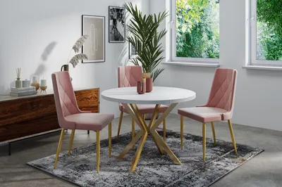 Produktbild von Runder Ausziehbarer Esstisch mit Goldenen X-Gestell Beinen - ⌀ 100-180 cm - Loft Industriell Design - für 4-6 Personen - Weiß