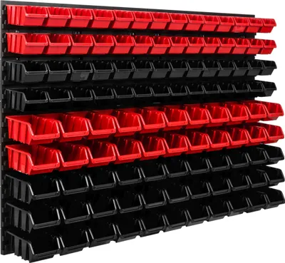 Obrázek produktu pro Skladovací systém Dílenské regály | 115 x 78 cm | 111 ks. Box | Nástěnné regály se stohovatelnými boxy – Nástěnné desky Extra silné regály s přihrádkami Nástěnné regály pro nářadí Skladové regály Garážové regály