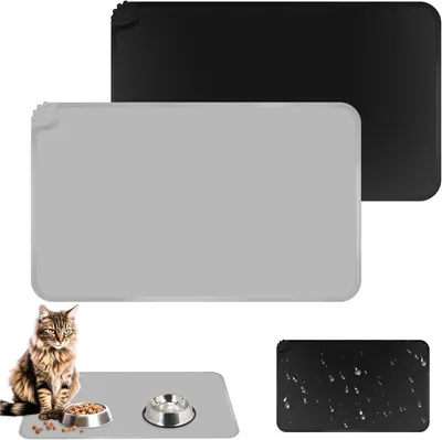 Immagine prodotto di Tappetino per ciotole per cani e gatti - 2 pezzi - 48 x 30 cm - silicone - impermeabile - antiscivolo - nero e grigio