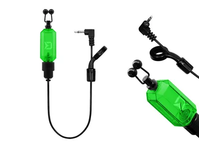 A fishing bite alarm with a green translucent body and black components, shown against a white background.