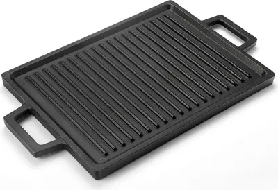 A black cast iron grill pan with handles is shown on a white background.