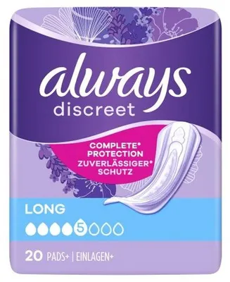 Immagine prodotto di Confezione multipla 2 pezzi: Assorbenti per incontinenza Always Discreet, modello Long. Protezione efficace nonostante la sottigliezza