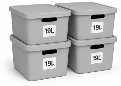 Produktbild von Plastard Aufbewahrungsbox mit Deckel 4er-Set 19 Liter in Grau, KI-generiertes Bild