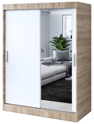 Zdjęcie produktu dla Szafa przesuwna - 150x200cm - Dąb Sonoma / Biały Mat - Szafa przesuwna HUGO - z lustrem- do sypialni i garderoby