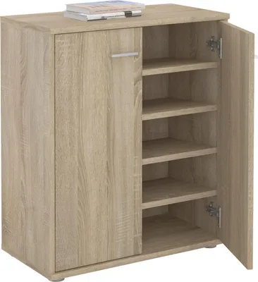 A light brown wooden cabinet with two doors, one closed and one open, revealing multiple shelves.