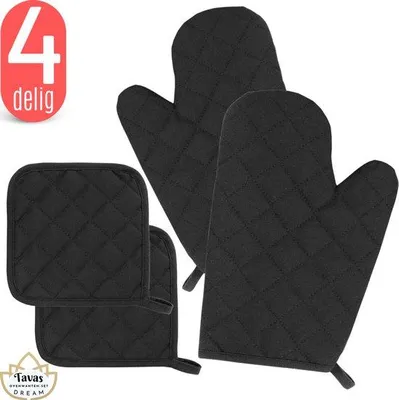 Productafbeelding van Unyqoos® Ovenwanten en panlappen set, 4-delig, zwart – katoen-Thermolite, hittebestendig tot 250°C, 2 ovenwanten (28x23 cm) + 2 panlappen (19x19 cm)