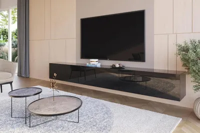 Produktbild von Wohnwand Schwarz Full Hochglanz TV Lowboard 270 cm Hängeschrank TV Board Hängend Schrank Fernsehschrank TV Bank Wohnzimmer Möbel Modern Wandschrank