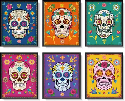 Productafbeelding van Set van 6 suikerschedel wanddecoraties, poster voor Día de los Muertos (Dag van de Doden)