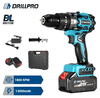 Produktbild von Drillpro Akku Bohrschrauber Bürstenlos 130Nm 1800U/min 18-21V 13mm Bohrfutter inkl. 2 Akkus für Holz Stahl Beton kabellos Elektrowerkzeug Set