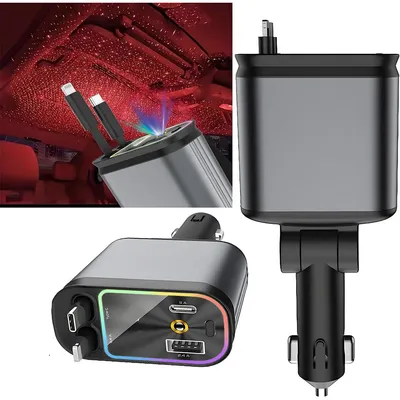 Produktbild von Einziehbares Autoladegerät 4-in-1 USB-C, 120W Schnellladegerät, Sternenlicht, iPhone & Android kompatibel, Kabel einziehbar, RGB Atmosphärenlicht