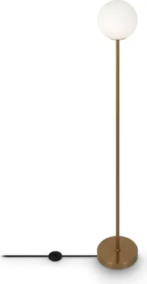 Obrázek produktu pro Stojací lampa kovová skleněná E27 155 cm v mosazi bílé stínítko kulaté moderní stojací lampa