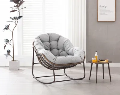 Produktbild von Schaukelstuhl , extragroßer Schaukelstuhl aus Rattan in Eiform, bequemer Schaukelstuhl für drinnen, draußen mit dickem Kissen, Lounge-Sessel