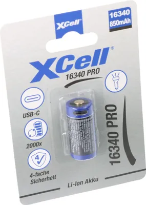 Produktbild von XCell Pro 16340 Li-Ion Akku CR123A geschützter Li-Ion Akku, mit USB-C Ladebuchse, min. 800mAh max. 850mAh, 3,6 Volt