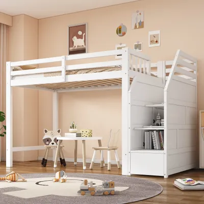 Immagine prodotto di Letto a soppalco per bambini AIORBER, 90 x 200 cm, con rete a doghe, legno di pino e MDF, ringhiera integrale, scaletta con vano portaoggetti, letto inferiore aperto, bianco