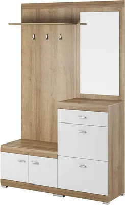 Produktbild von Garderobe Flurgarderobe Kompaktgarderobe Flurschrank Regal Möbel Flurgarderobe Schuhschrank mit Spiegel,Schrank mit Schubladen und traditionellen Türen, Mirella (Eiche Riviera / Weiß)
