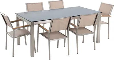 Obrázok produktu pre BELIANI Záhradná jedálenská súprava čierny sklenený stôl 180 x 90 cm 6 béžových textilných stoličiek