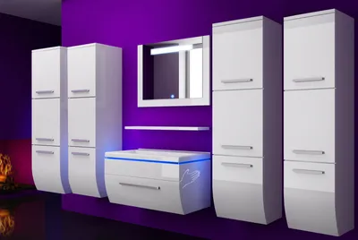 A modern white bathroom vanity set with LED lighting against a vibrant purple wall.